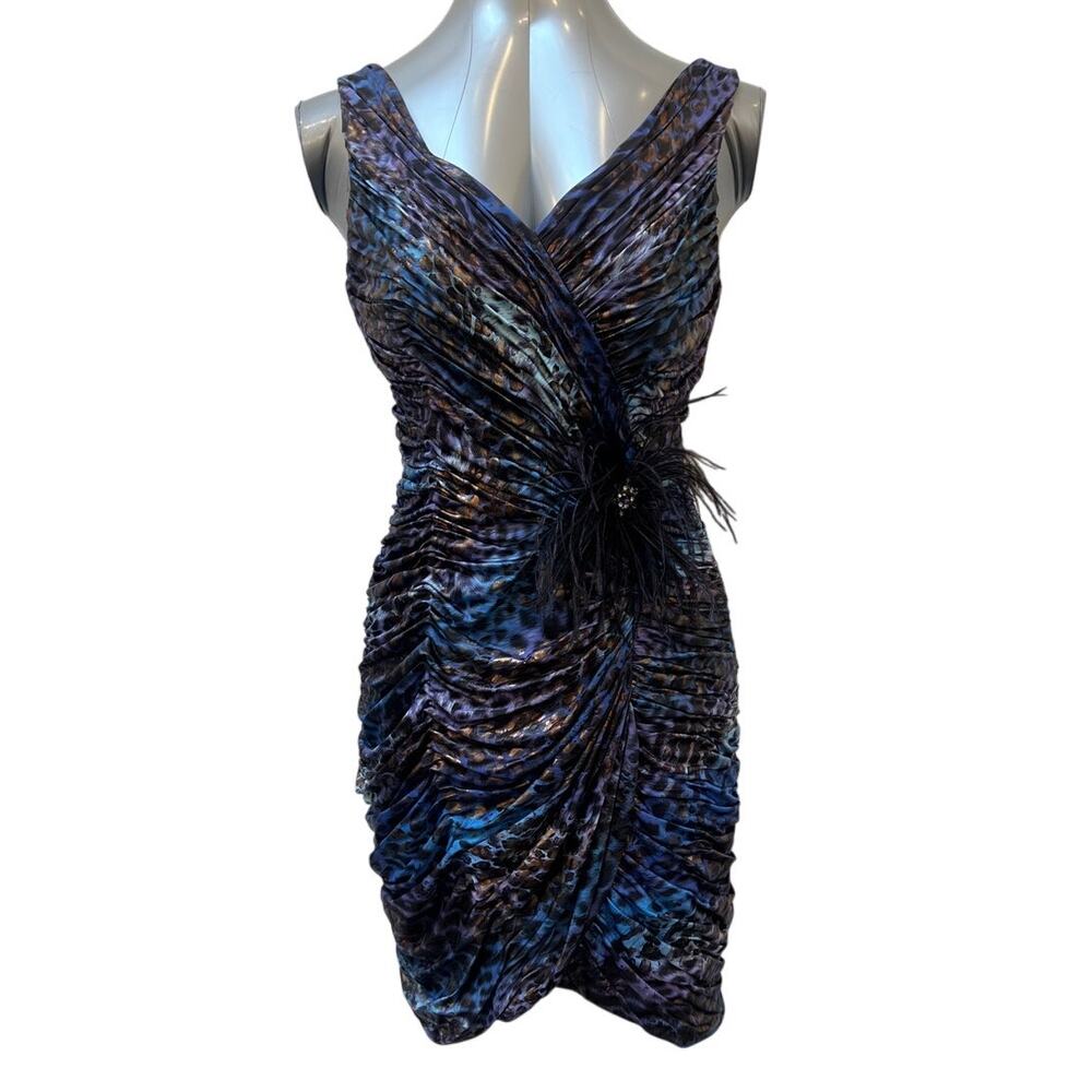 NWT Caché Animal Print Ruched Dress Women’s 10 Blue Multicolor